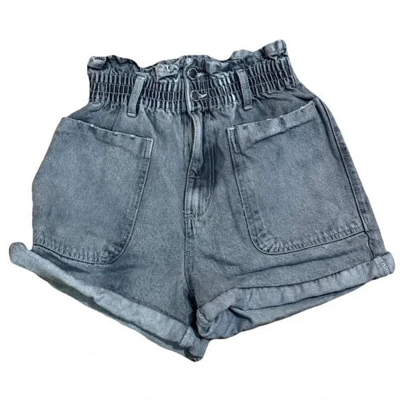 Ardene Paper Bag Shorts High Rise Belted ‎ Gray Denim Rolled Hem XS - Picture 4 of 4